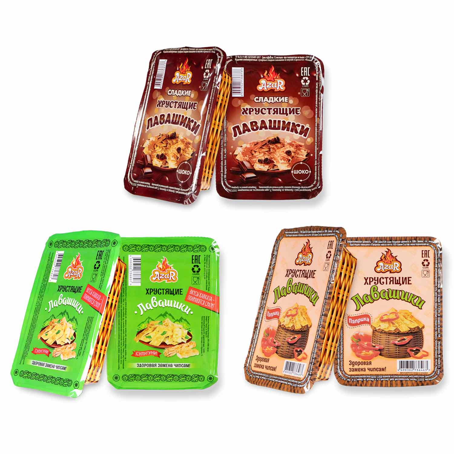 Azar Fladenbrot Chips-Set – 3 köstliche Sorten: Schoko, Paprika & Suluguni