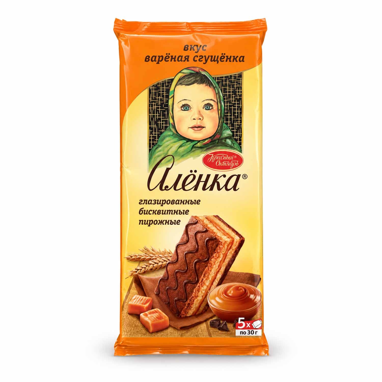 Krasny Oktyabr „Alenka“ – glasierte Biskuitküchlein mit karamelliger Milchcreme (5 Stück x 30 g)