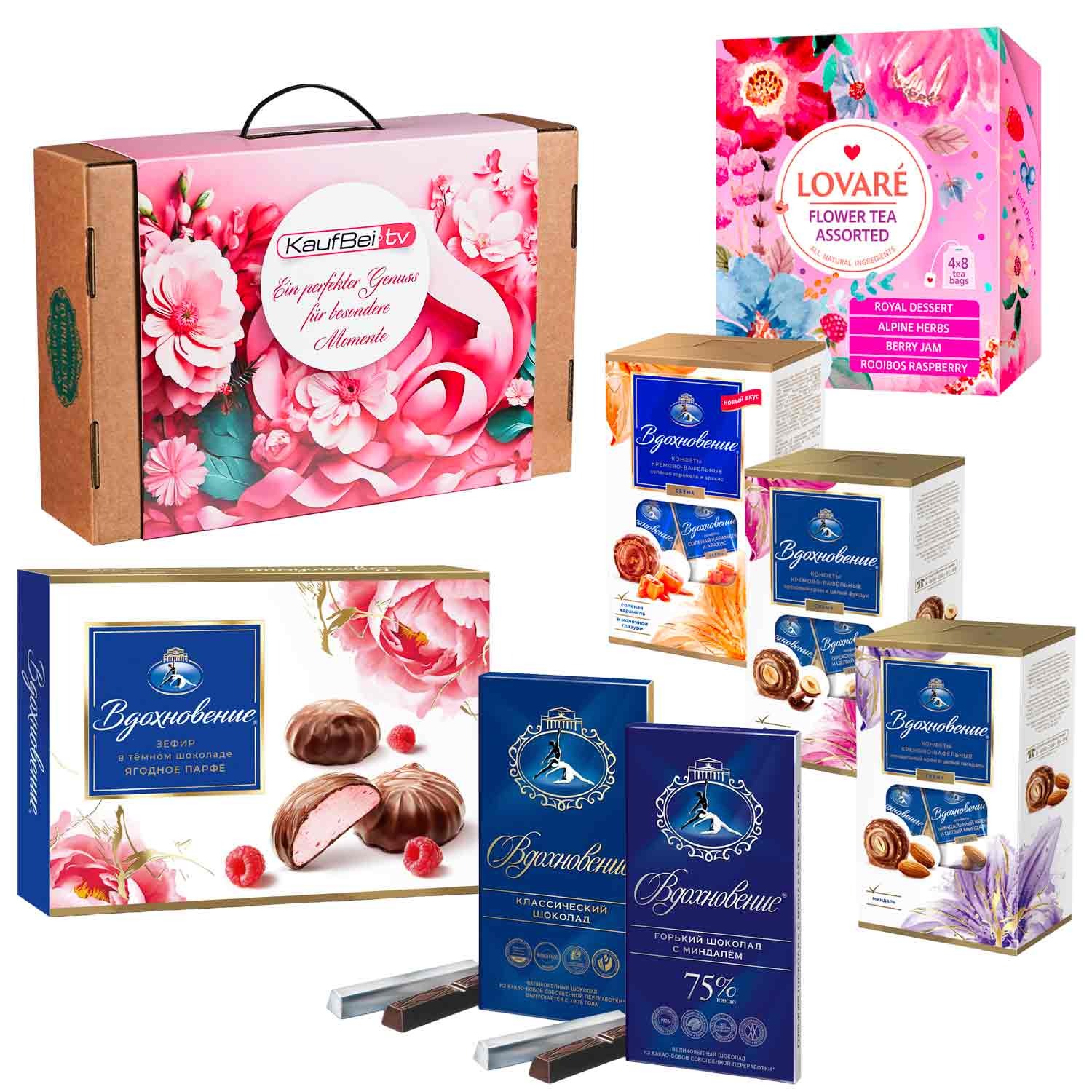 Geschenkbox "Süßer Luxus": Vdohnovenije Pralinen, Schokolade, Sefir & Lovaré Blumentee