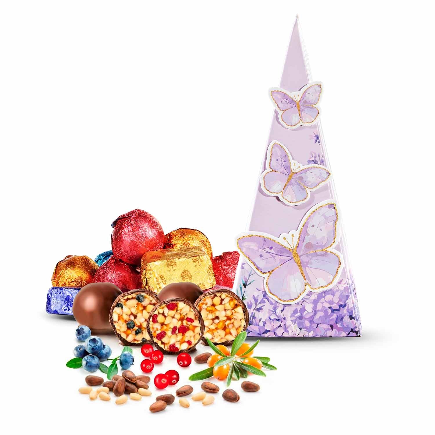 Set „Zedernfantasie“ – Zedern-Grillage in Zartbitterschokolade, 180 g in 3D-Box