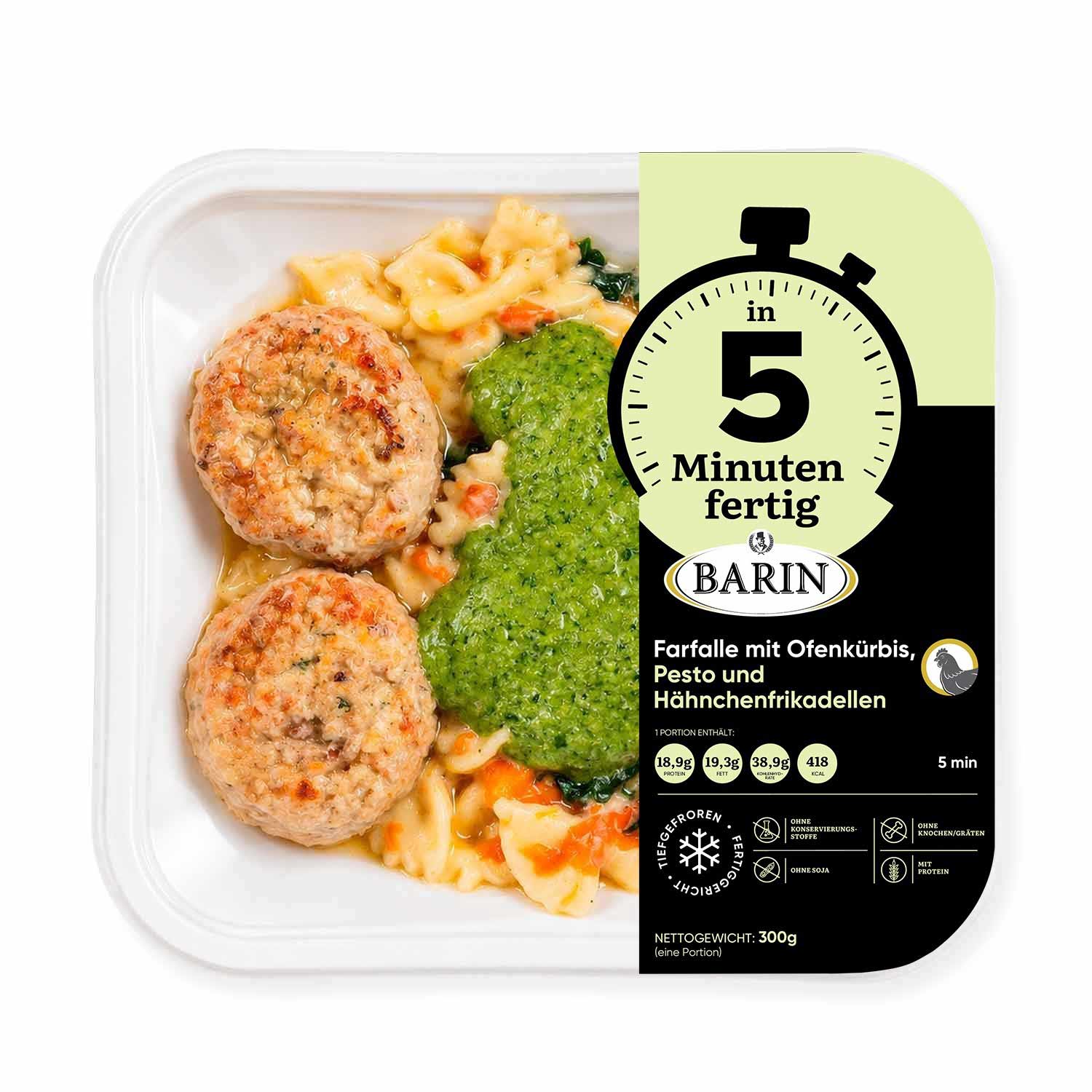 BARIN 5 Minuten Farfalle mit Ofenkürbis, Pesto und Hähnchenfrikadellen, 300 g