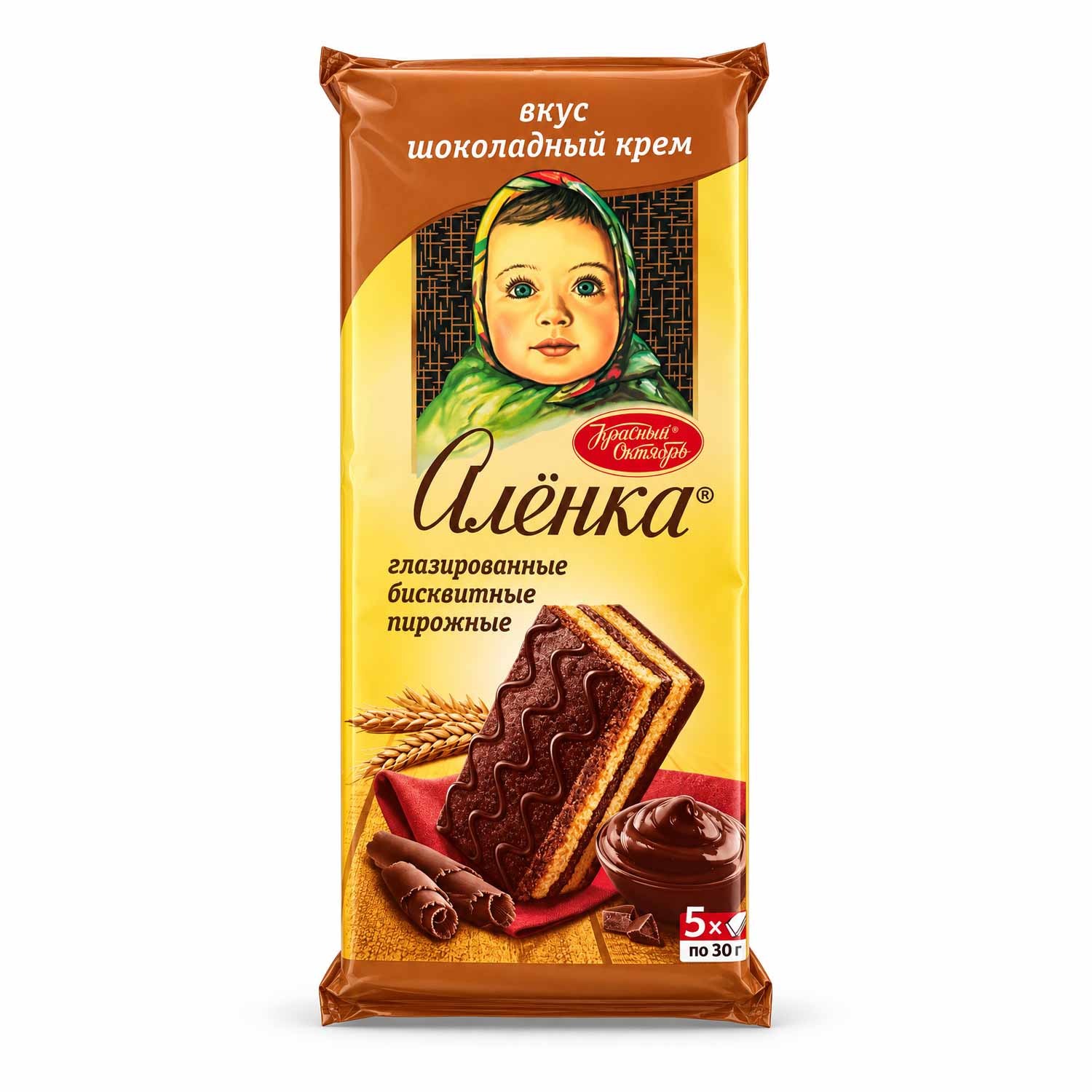 Krasny Oktyabr „Alenka“ – glasierte Biskuitküchlein mit Schokocreme-Geschmack (5 Stück x 30 g)