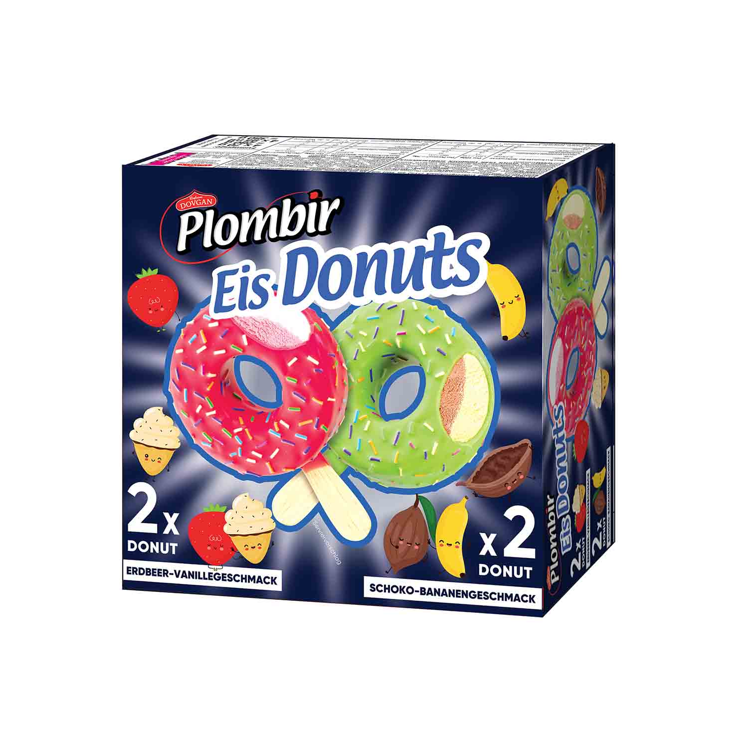 DOVGAN Plombir Donuts 2 x Erdbeer-Vanillegeschmack 2 x Schoko-Bananengeschmack, 280 g