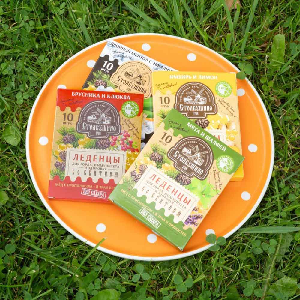 Stolbushino Halsbonbons Set mit Sbiten – Ingwer, Menthol, Minze & Beeren (4x32g)