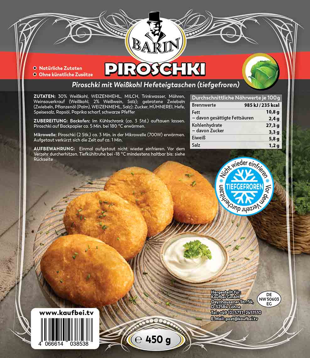 BARIN Piroschki 1+1: Hefeteigtaschen mit Kartoffel und Weißkohl (TK)