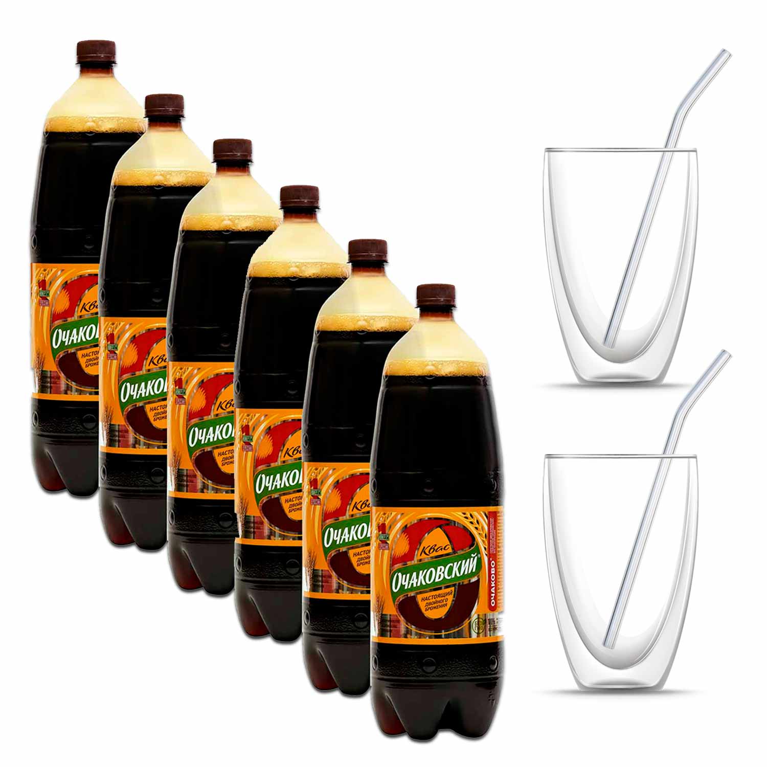 Sommer-Erfrischungsset: 6xOchakovo Kwas mit Thermo-Gläsern & Strohhalmen (je 2 St.)
