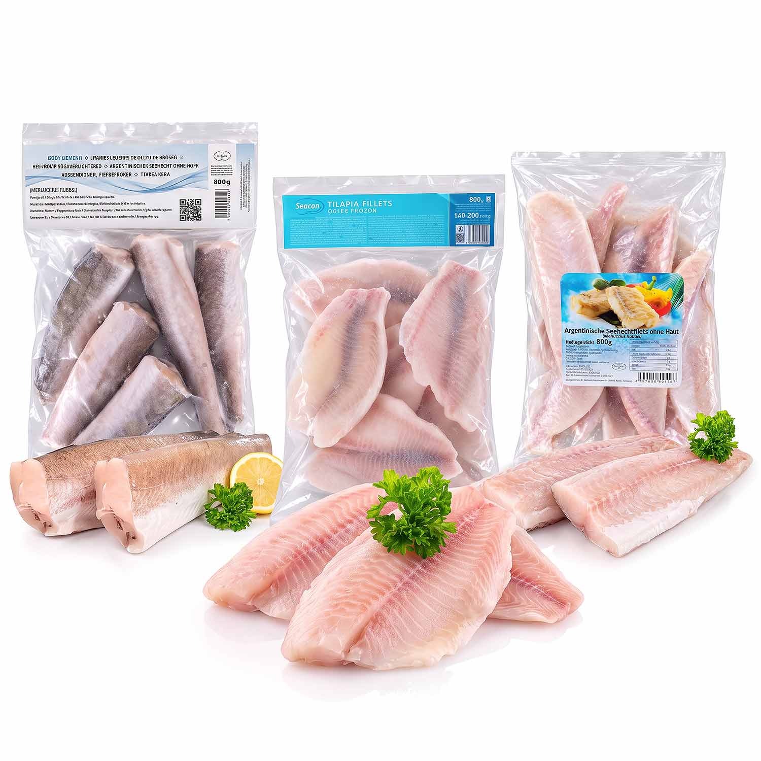 Fisch-Genussbox: Argentinischer Seehecht, Seehechtfilets & Tilapia (3x800 g)