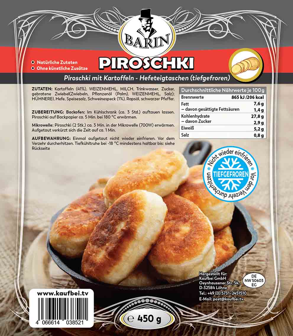 BARIN Piroschki – Hefeteigtaschen mit Kartoffel, 450g TK (Packungsinhalt 4 Stück)