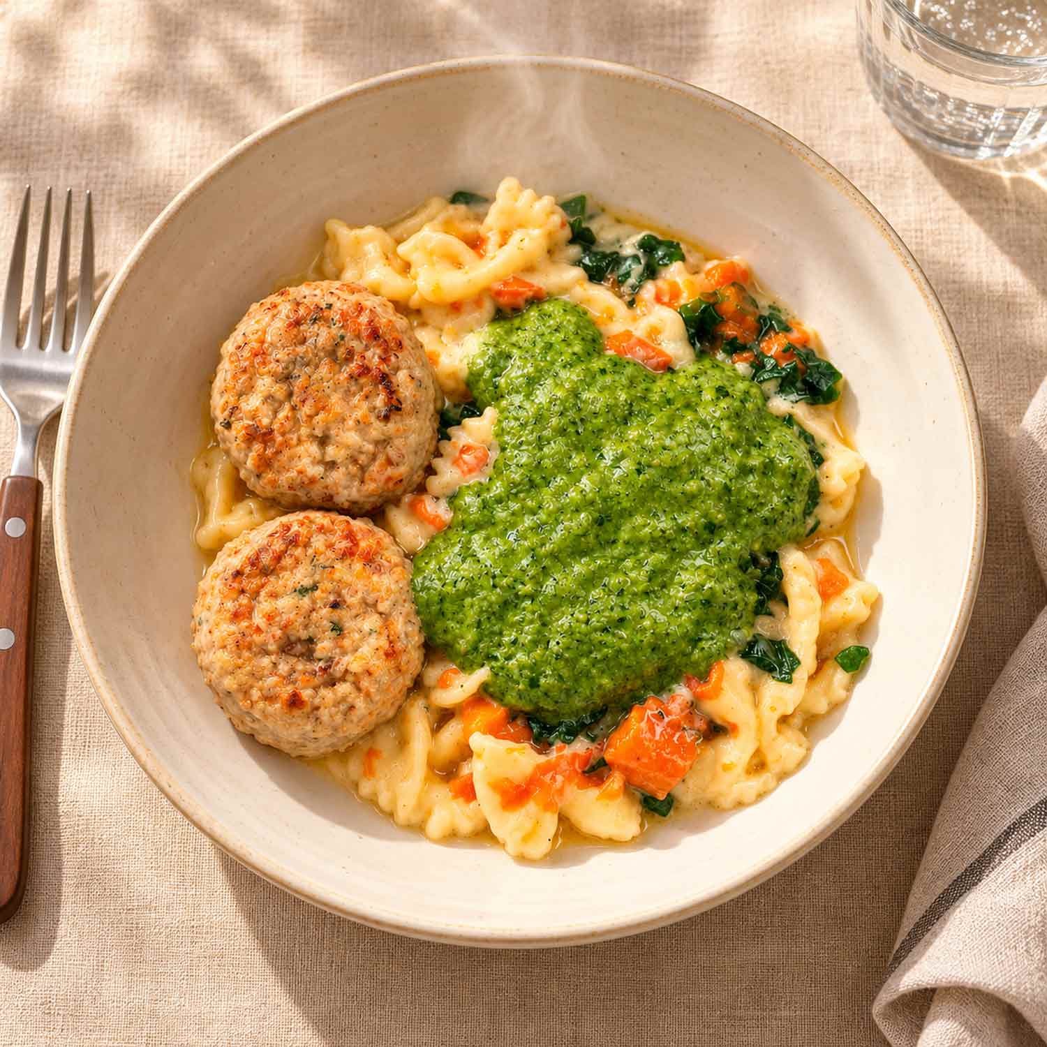 BARIN 5 Minuten Farfalle mit Ofenkürbis, Pesto und Hähnchenfrikadellen, 300 g