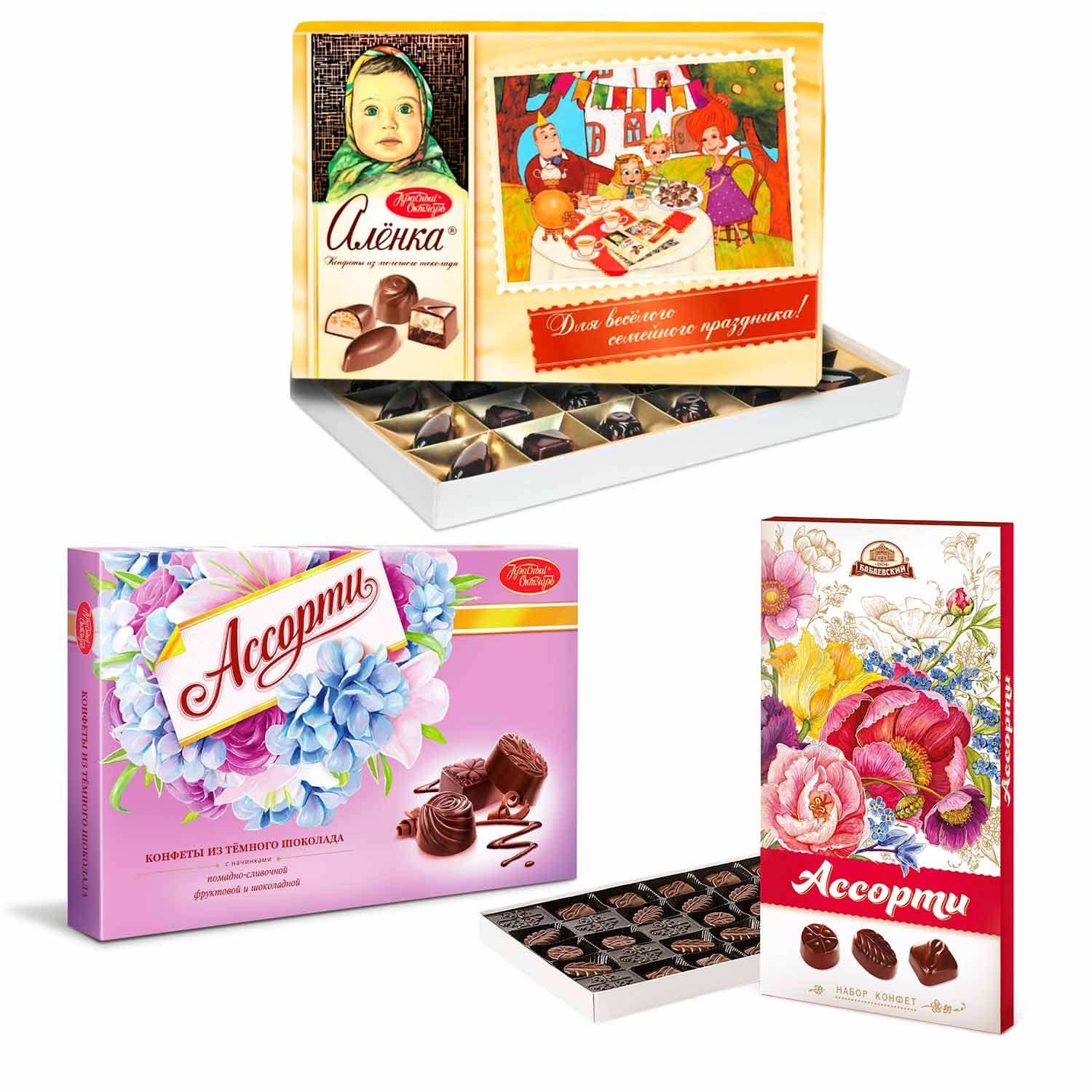 Schoko-Assorti Geschenkset: Bukety, Krasny Oktjabr Zartbitter & Aljonka Milch, 610 g