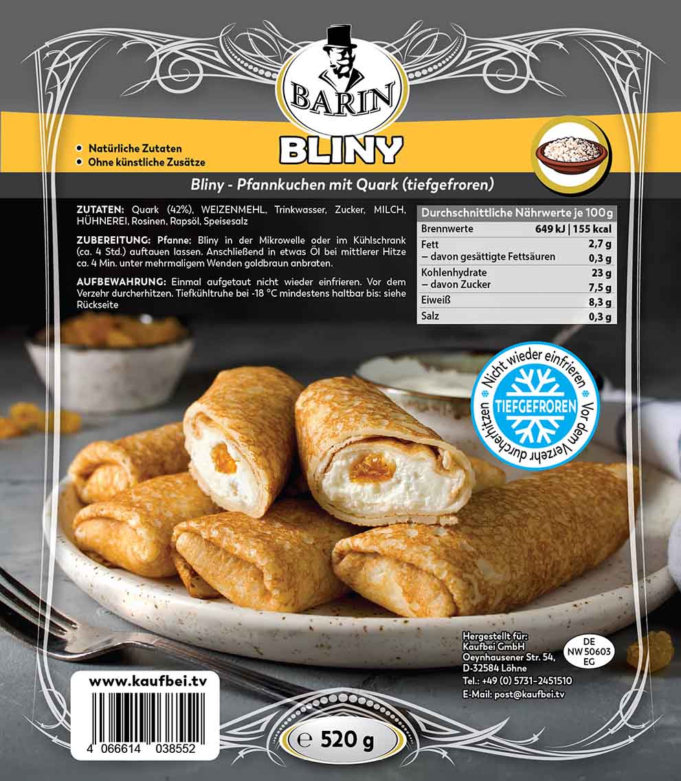 BARIN SET 2x Pfannkuchen mit Quark-Füllung, vorgebraten, tiefgefroren (2x 520g)
